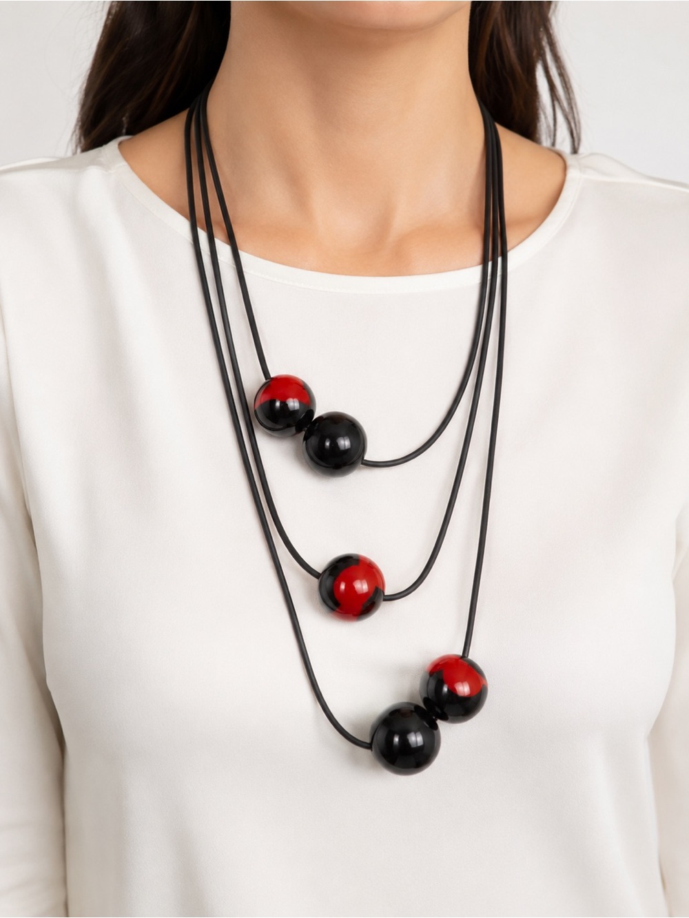 Handmade Modern Multi-Strand Silicone Cord Necklace Black with Red Accent Beas